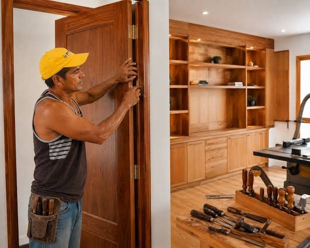 Carpintero con gorra amarilla ajustando una puerta de madera dentro del marco en una casa de CABA, el trabajo que evita que la hoja se descuelgue