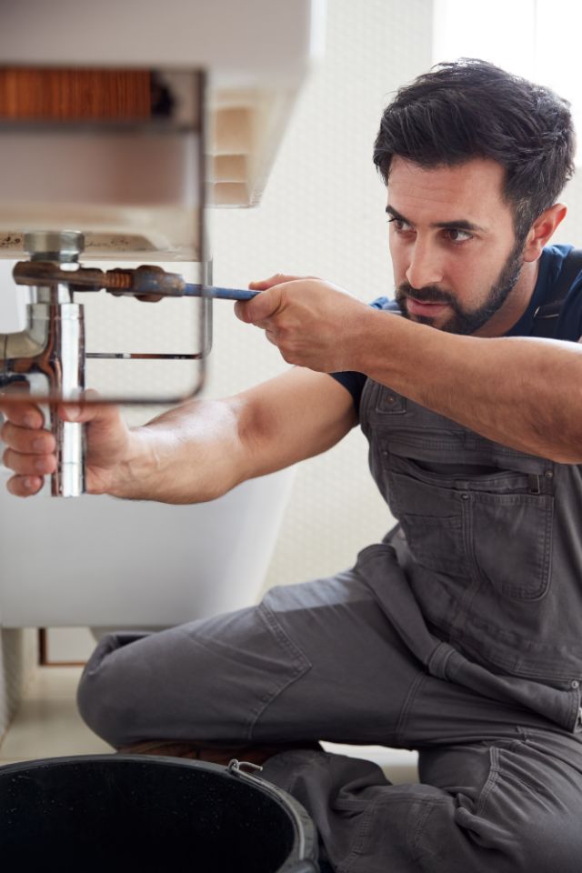 Plomero trabajando bajo un lavatorio en el baño de un departamento de CABA, con un balde para recoger el agua