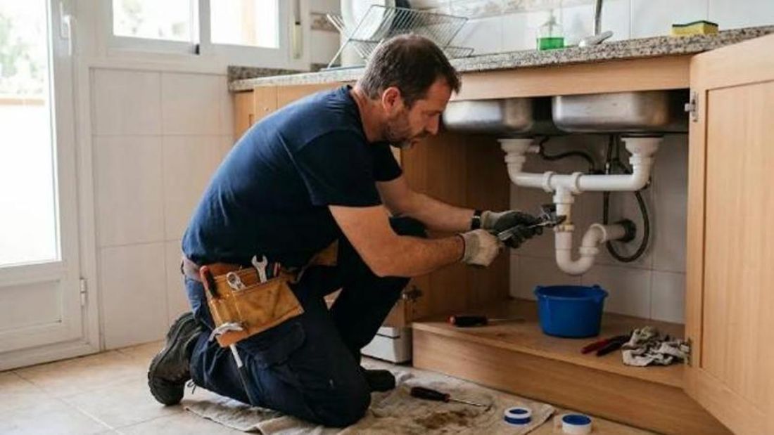 Plomero revisando el desagüe y las conexiones bajo la bacha de una cocina en CABA