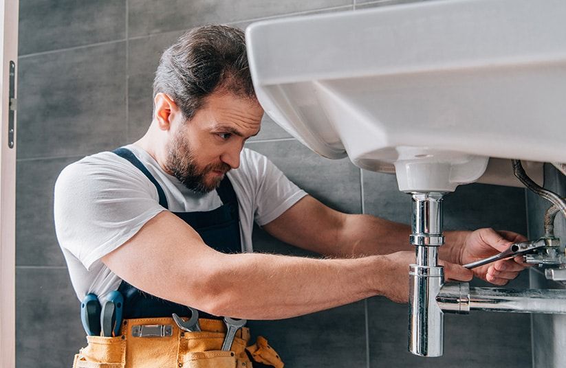 Plomero trabajando con una llave bajo el lavatorio de un baño en un departamento de CABA